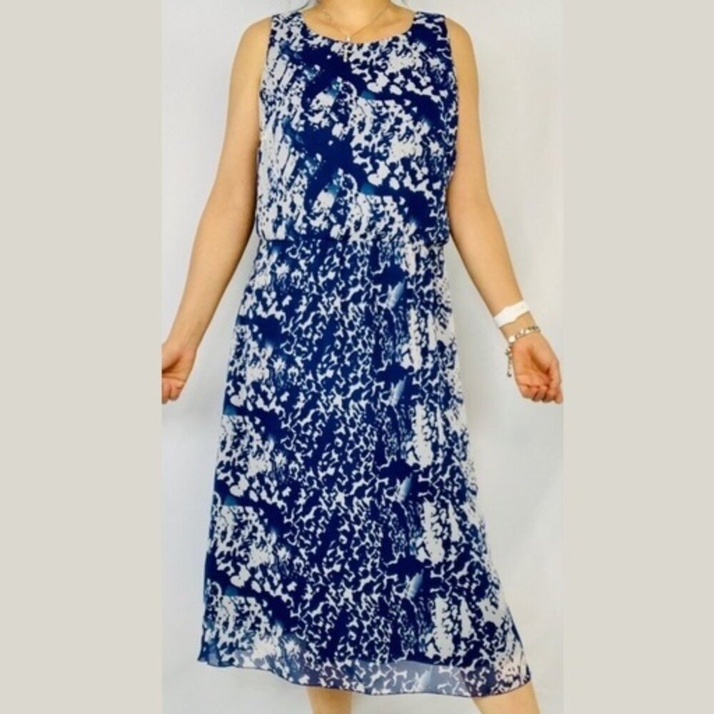 Size 16W WATERCOLOR BLUE TANK MIDI DRESS Career Cocktail Wedding PLUS